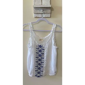 Hollister White Peasant Style Tank Top with Blue Flowers